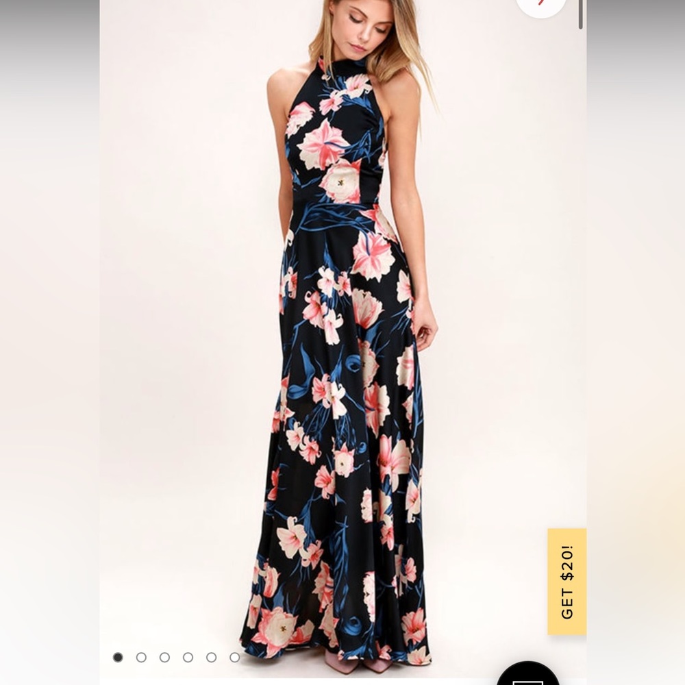 Lulu’s Blooming Garden Black Floral Print Halter Maxi Dress
